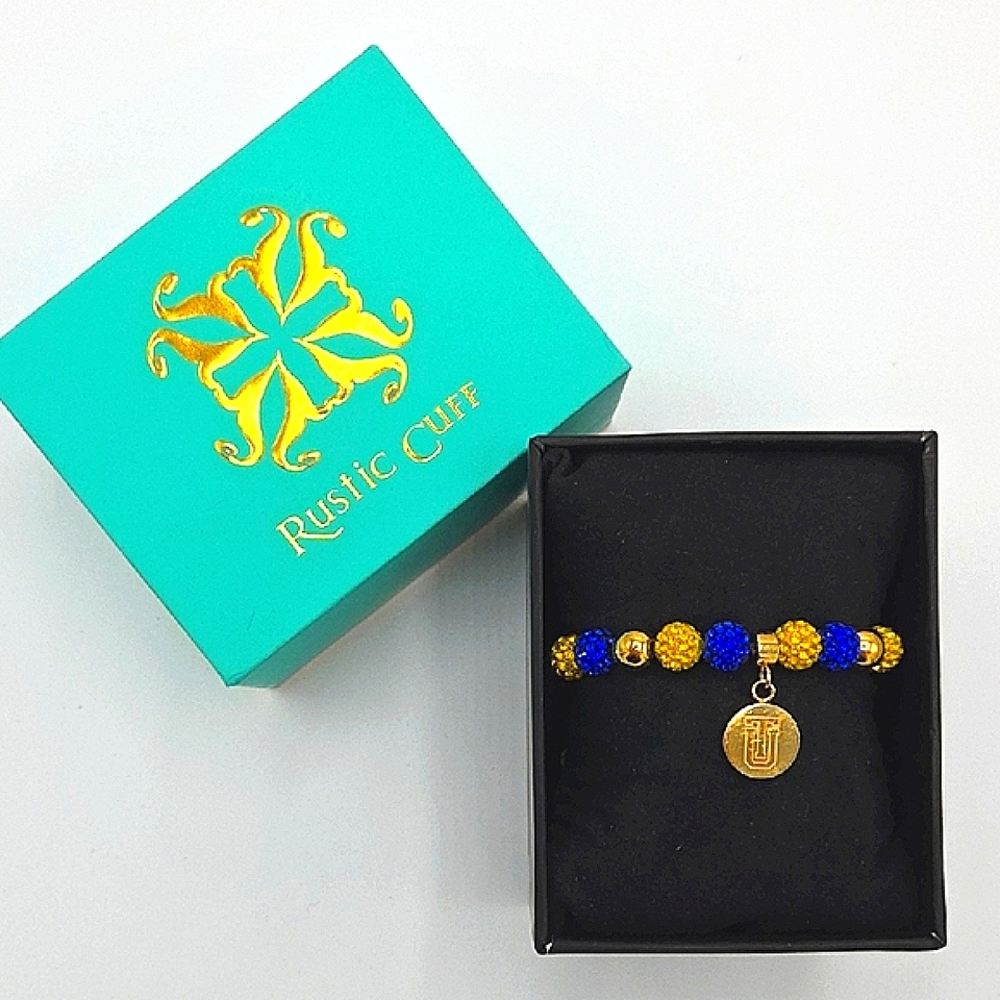Rustic Cuff Blue and Gold Beaded Bracelet with Gold Medallion